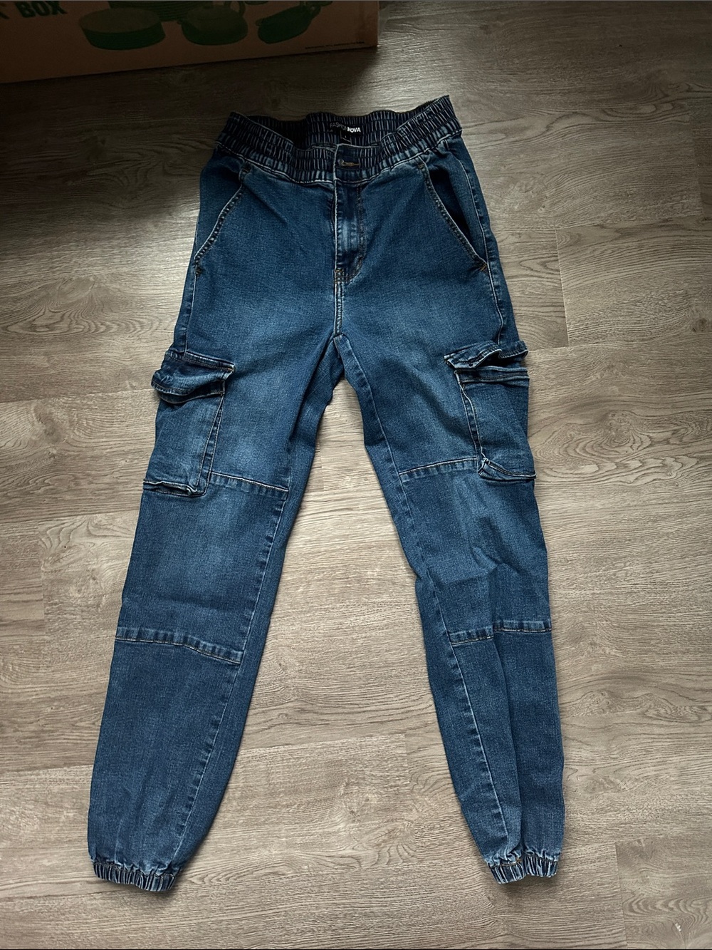Fashion Nova Dark Blue Denim Cargo Joggers